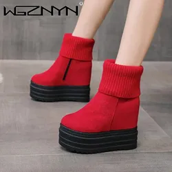 Designer Platform Women Ankle Suede Sock Boots Knitting High Heels Shoes NEW Brand Chelsea Boots Woman Winter Snow Botas Mujer