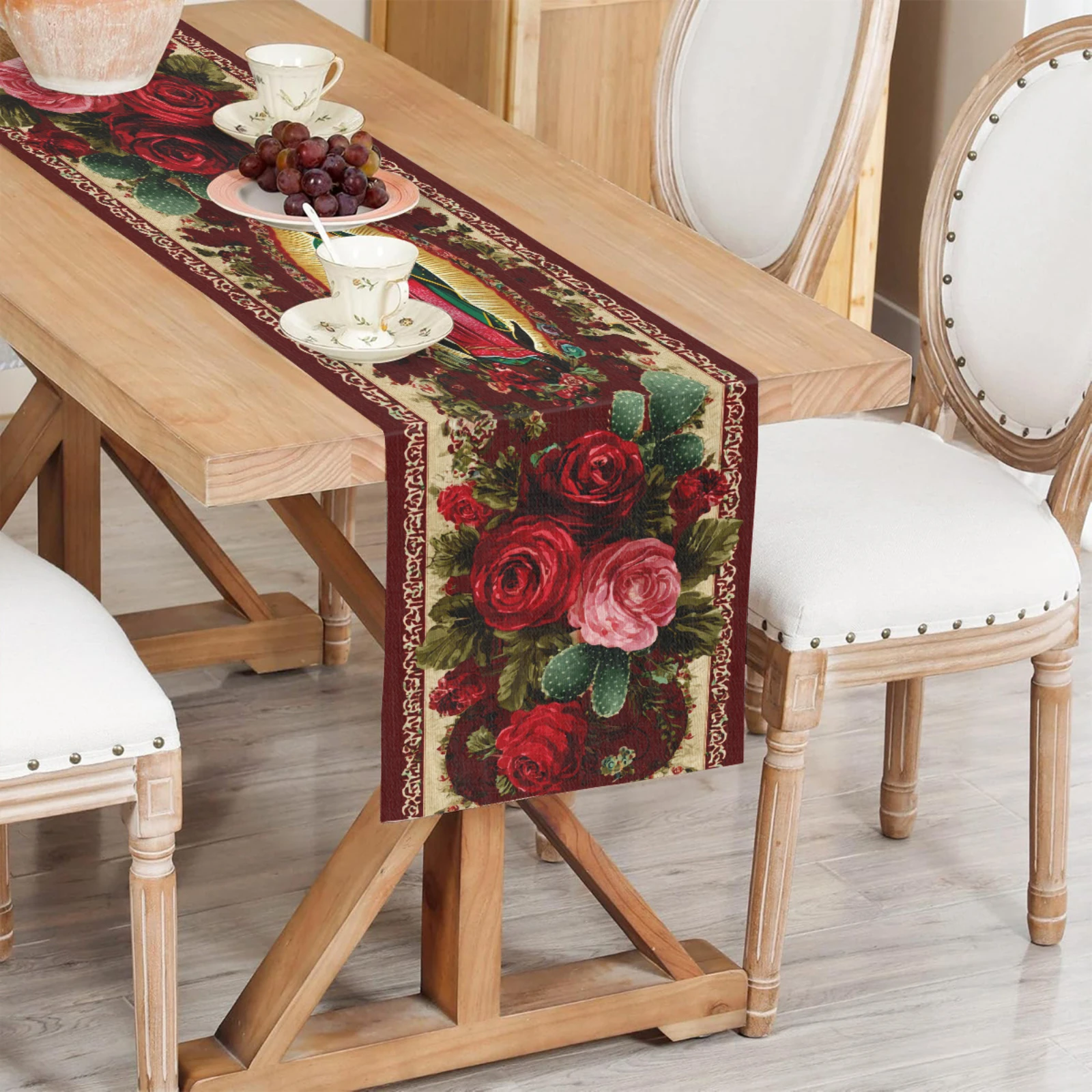 Mexican Folk Style Guadalupe Virgin Mary with Rose Cactus Pattern Table Runner Kitchen Dining Table Decoration Home Holiday