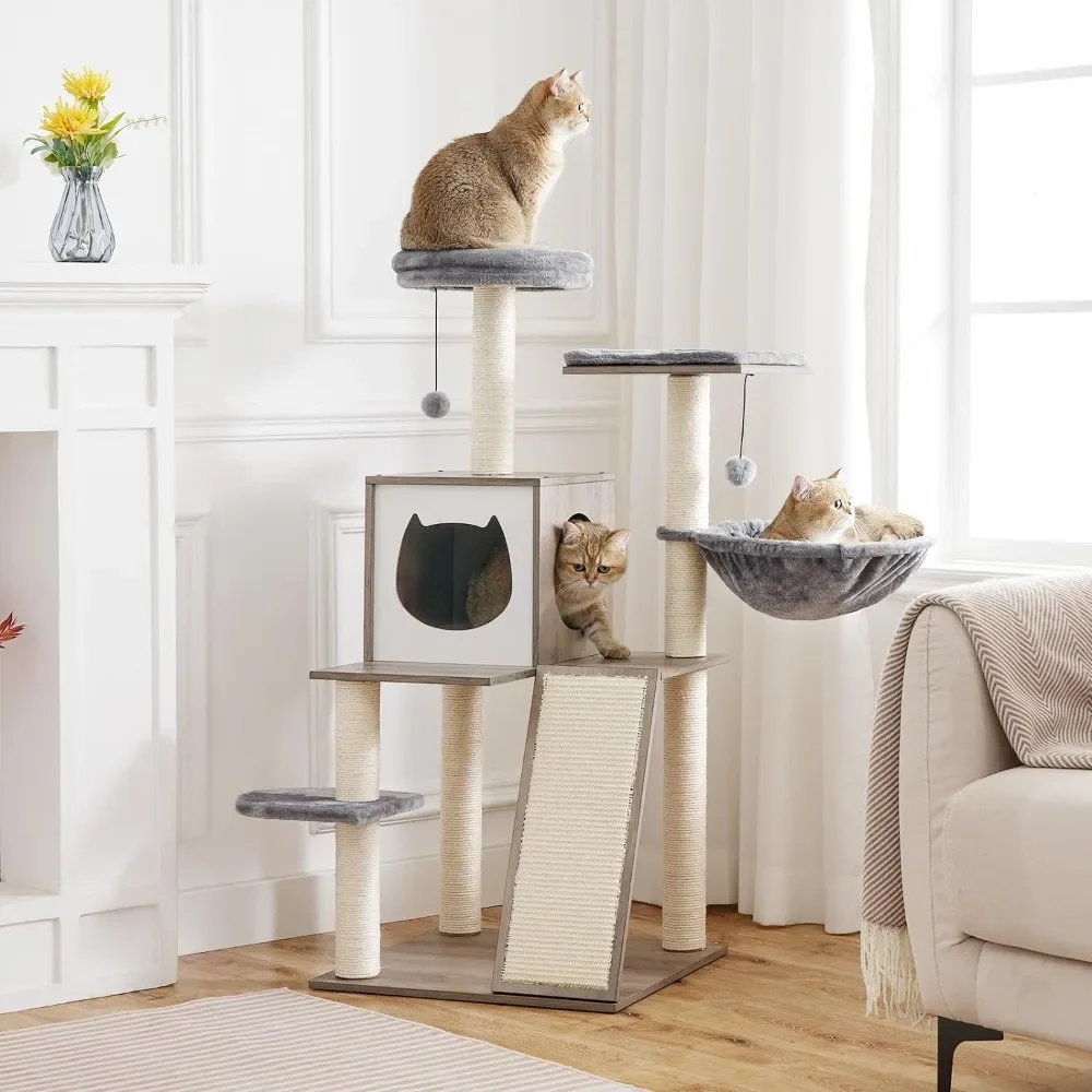 

Indoor cat tree, wooden cat tree tower, cat scratching column, multi story treehouse with hammocks and 2 top dwelling, gray