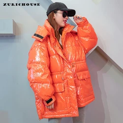 Chaqueta de plumón de pato para mujer, Parka con capucha de gran tamaño, impermeable, brillante, colores dulces, cálido, 2024, blanco, invierno, 90%