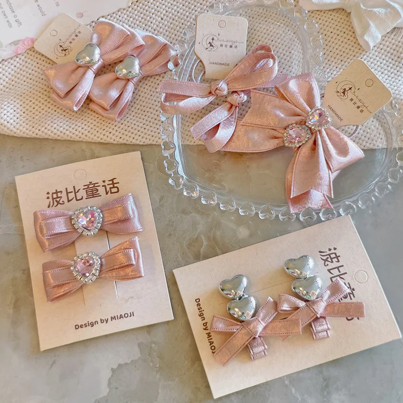 Korean Style Hair Clips Girls Ribbon Bow Pair Champagne Pink for Bangs Fixing Cute Kawaii Princess