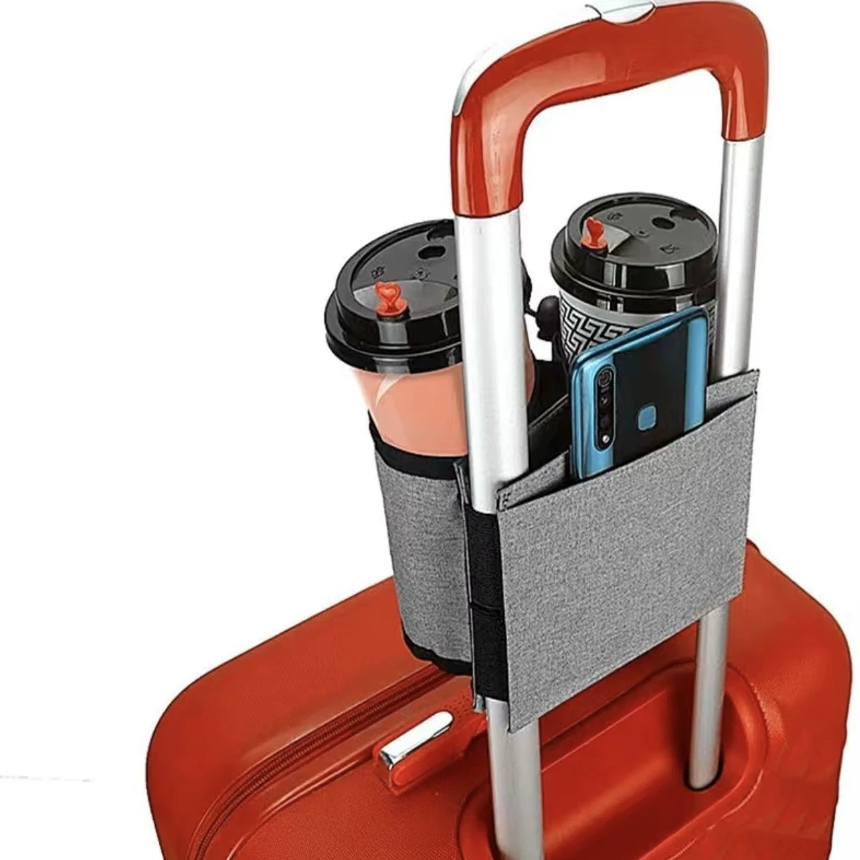 Fotografia 3: Saco de armazenamento de apoio de braço de bagagem pendurado compartimento de bagagem suporte de copo de água fixo externo saco de lanche acessórios essenciais viagem