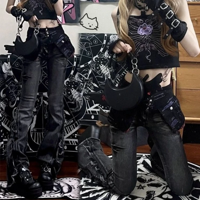 

Y2k Американские винтажные расклешенные джинсы полной длины, потертые субкультуры, джинсовые джинсы в стиле панк, ретро, тонкая молния, высокая талия, осень 202, осень