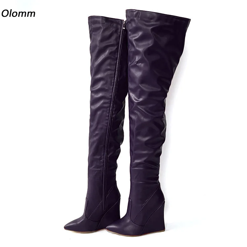 

Olomm New Women Winter Thigh Boots Wedges High Heels Boots Pointed Toe Elegant Black Club Shoes Ladies Plus US Size 5-15