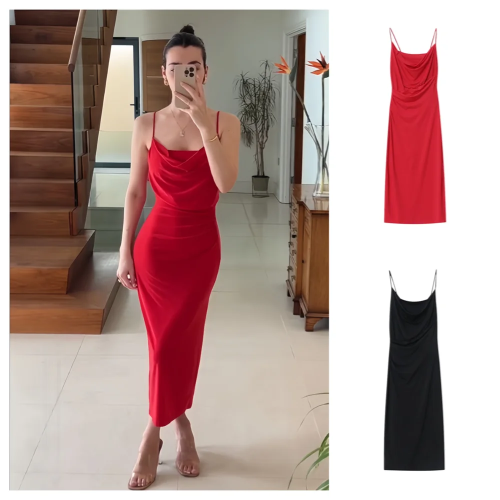 PB&ZA 2024 Spring New Women's Fashionable and Stylish Style Slim Fit Versatile Folded Decoration Long Sling Dress