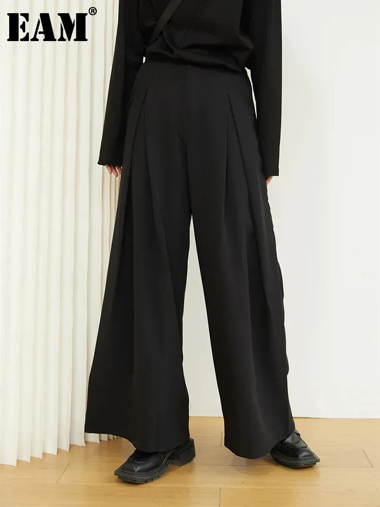 

[EAM] High Waist Black Pleated Long Wide Leg Casual Pants New Loose Fit Trousers Women Fashion Tide Spring Autumn 2024 1DF3629