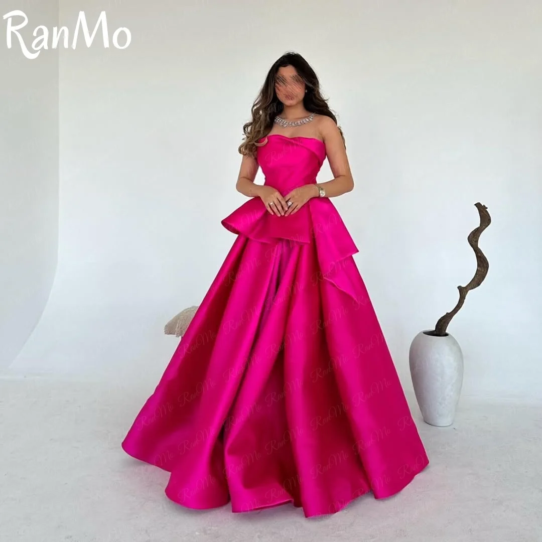 فستان حفلات Ranmo أنيق على شكل حرف a من الساتان بدون حمالات مع طيات بدون أكمام مكشكشة فساتين سهرة للمشاهير حسب الطلب