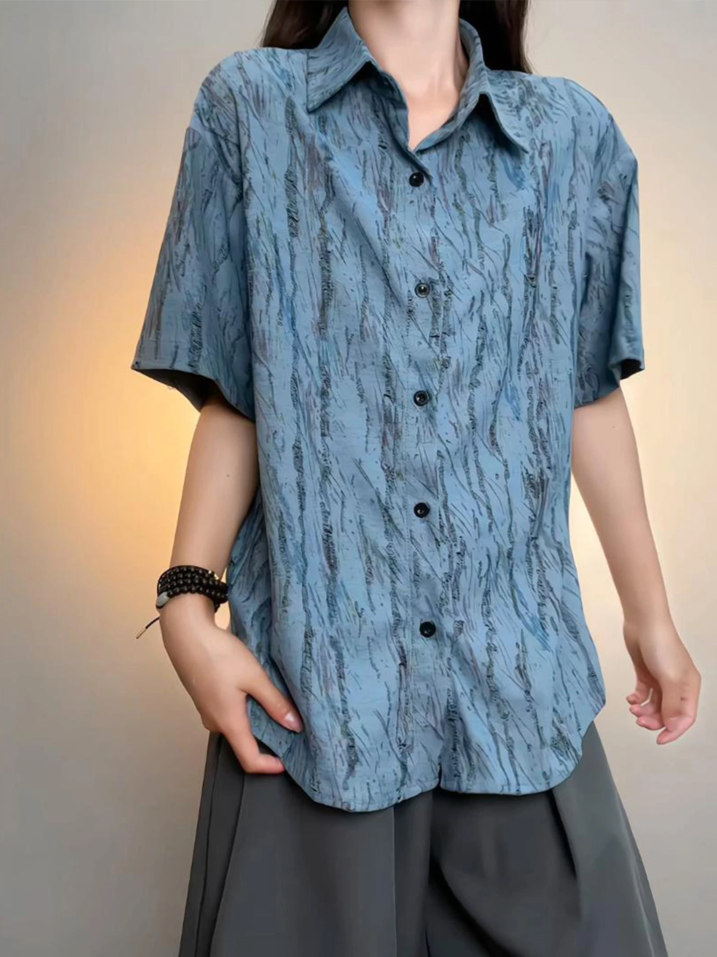 

American Dyed Ice Silk Short Sleeve Men's Shirt Summer Hollow out Design Casual Style Breathable Lightweight Fashion Top