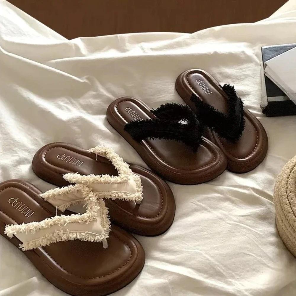 Women's Summer Flat Slip-On Sandals Open-Toe Beach Slippers Soft Fabric Upper Rubber Sole for Casual Outdoor Wear Beach Shoes