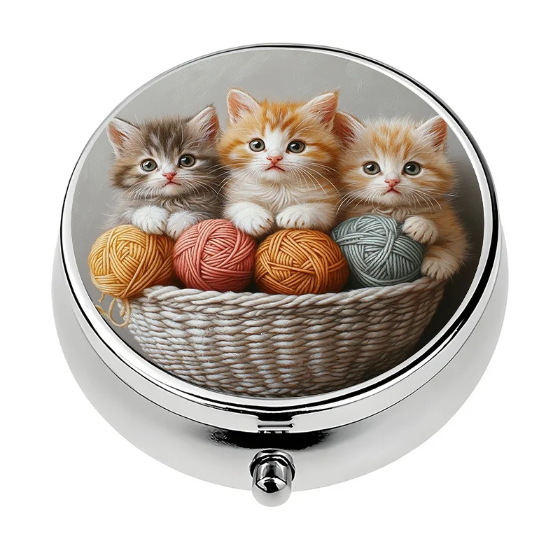 A portable pill box designed specifically for travel, featuring three compartments and a cute cat theme. This metal mini storage box is a unique gift for travelers