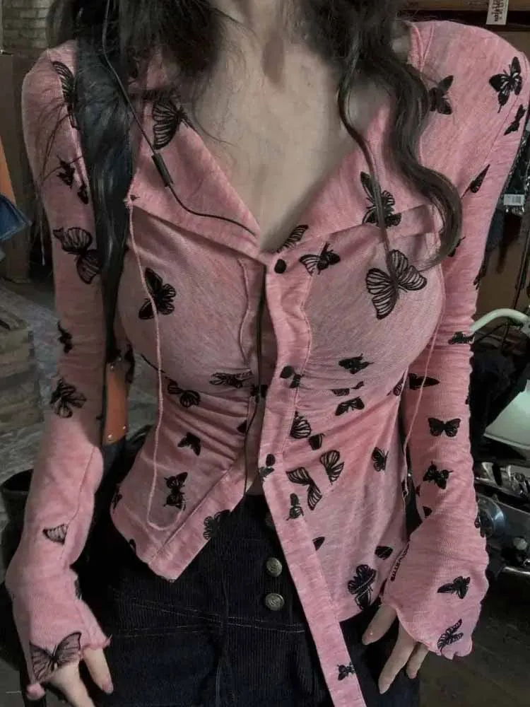 

Y2k Butterfly Printed Long Sleeve Cardigan Women Retro Slim Single Breasted Waist T-shirt Korean Sexy Spicy Girl Tops