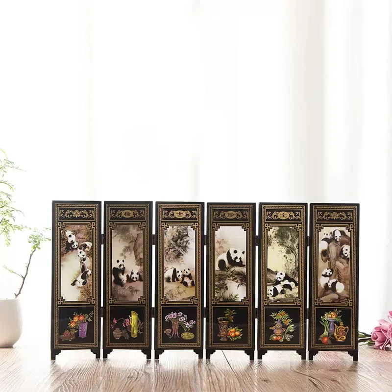 Chinese Style Mini Folding Screens, Panda Decoration, Ornaments, Mini Table Room Glass Partition, Home Decoration