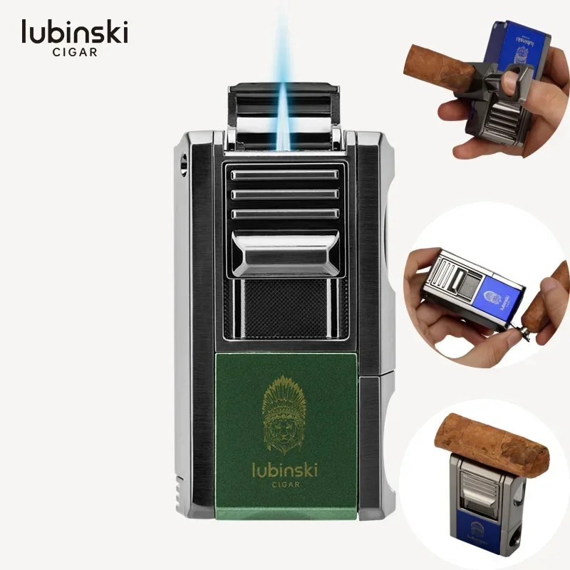 LUBINSKI Cigar 3-in-1 Metal Lighter High Firepower Direct Spray Windproof Butane Lighter V-shaped Cigar Cutting Knife Men's Gift