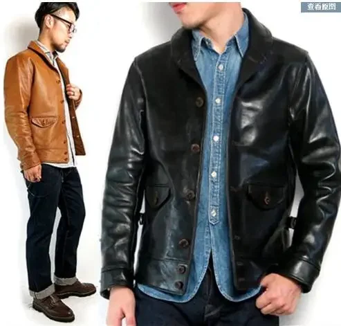 Shop Top.Brand classis Cossack style cowhide coat,man genuine leather Jacket,quality slim Vintage fashion clothes