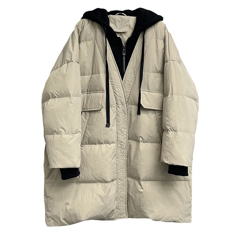 Schinteon feminino pato branco para baixo sobre tamanho jaqueta outono inverno quente casual outwear com capuz falso duas peças retalhos casaco 2023