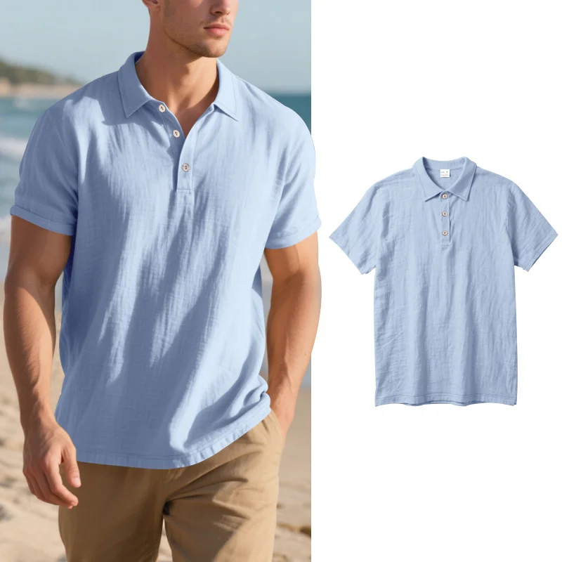 2025 Daily Casual Short Sleeve Linen Polo Shirt Mens Fashion Buttoned turn-down collar Shirt Summer Leisure beach men Polo Shirt