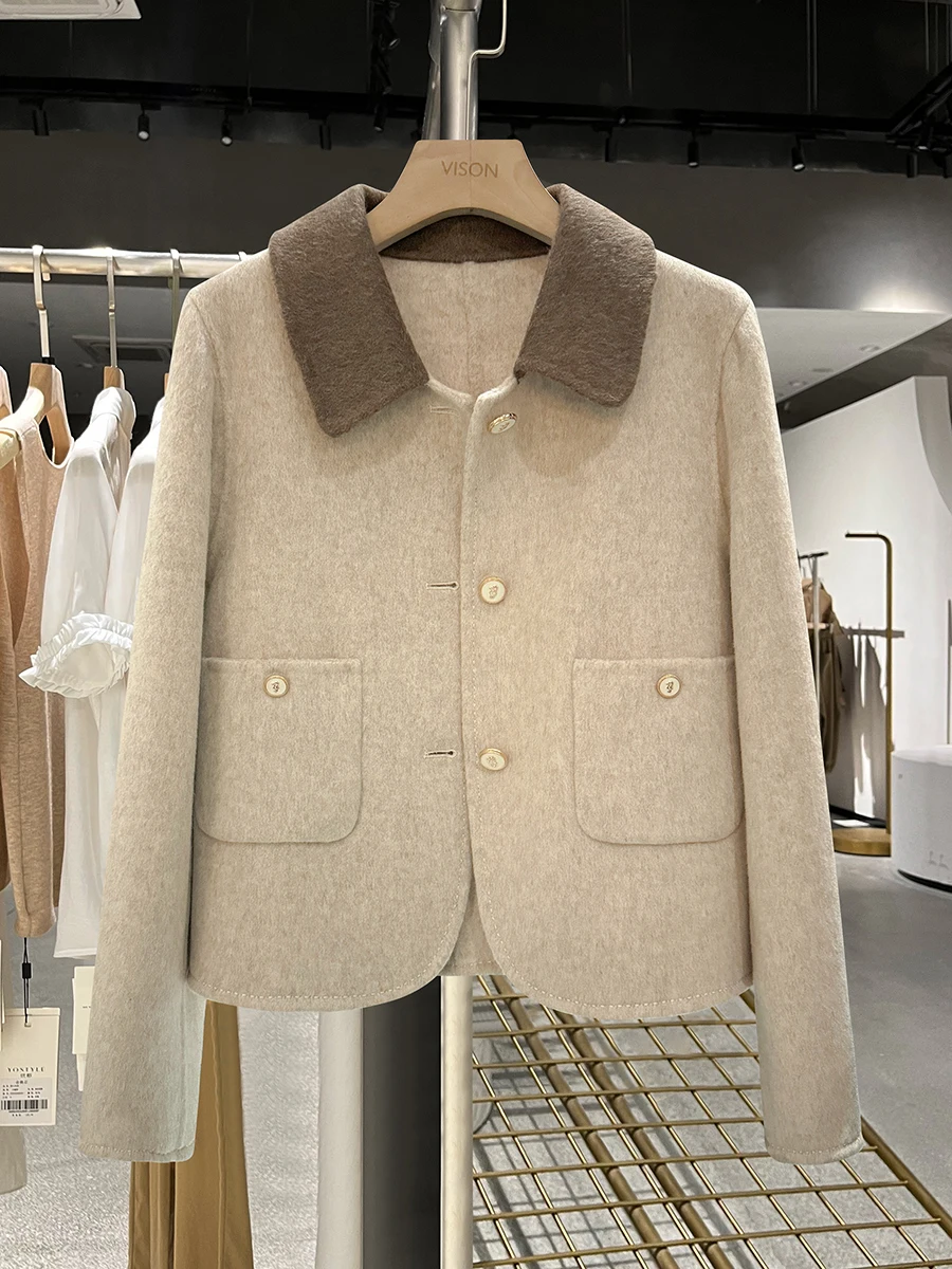 

Faionable Double-Faced Woolen ort Coat Women's Autumn Winter New Sle Ele Lady's Coat Button Detail Pure Color