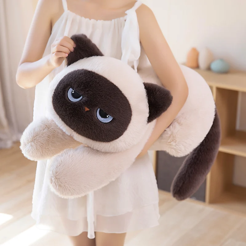 Cuscino lungo in peluche con gatto siamese, bambola di peluche morbida, cuscino per gatto siamese sdraiato per regalo di decorazione della stanza del divano