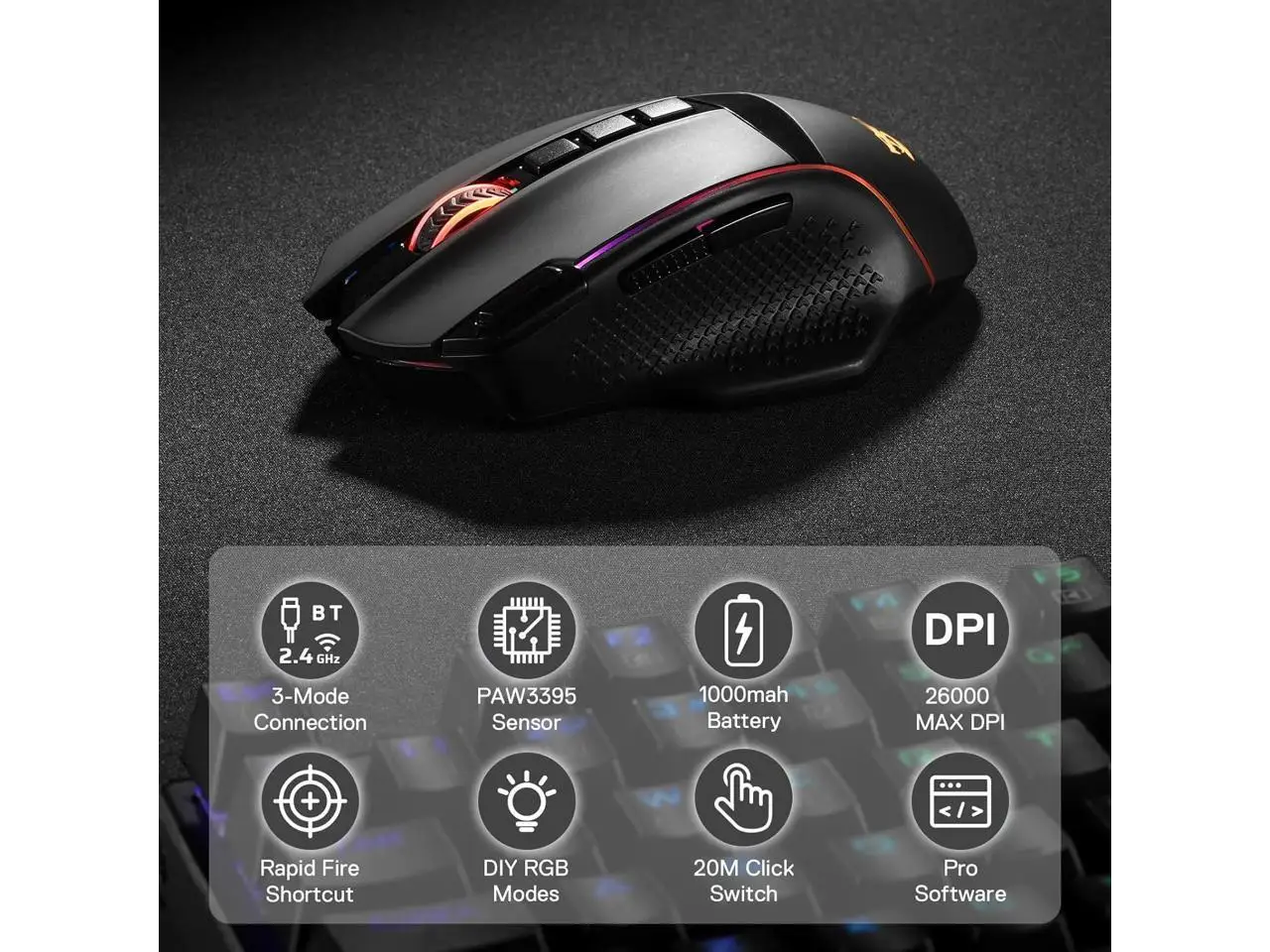 Redragon M991 Wireless Gaming Mouse, 26000 DPI 3-Mode Gamer Mice w/Rapid Fire Key, 9 Macro Buttons, Powerful Capacity and RGB Backlight for PC/Mac/Laptop view 6