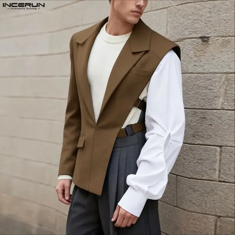 INCERUN Men Irregular Blazer Solid Color Lapel Long Sleeve Male Suit Hollow Out Streetwear Fashion Casual Thin Coats Men S-5XL