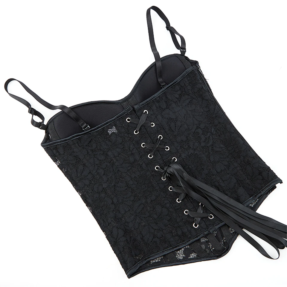Wechery Damen Spitzenkorsett-Oberteil mit Reißverschluss vorne, Bustier, Taillenformer, Schnürung hinten, sexy Dessous, Y2K Gothic Camisole Tanktops – Detail 16