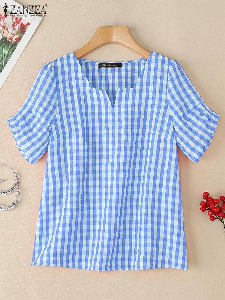 Femmes été Plaid Blouses à carreaux 2025 ZANZEA élégant col carré à manches courtes chemise de travail élégant vacances hauts femmes Blusas