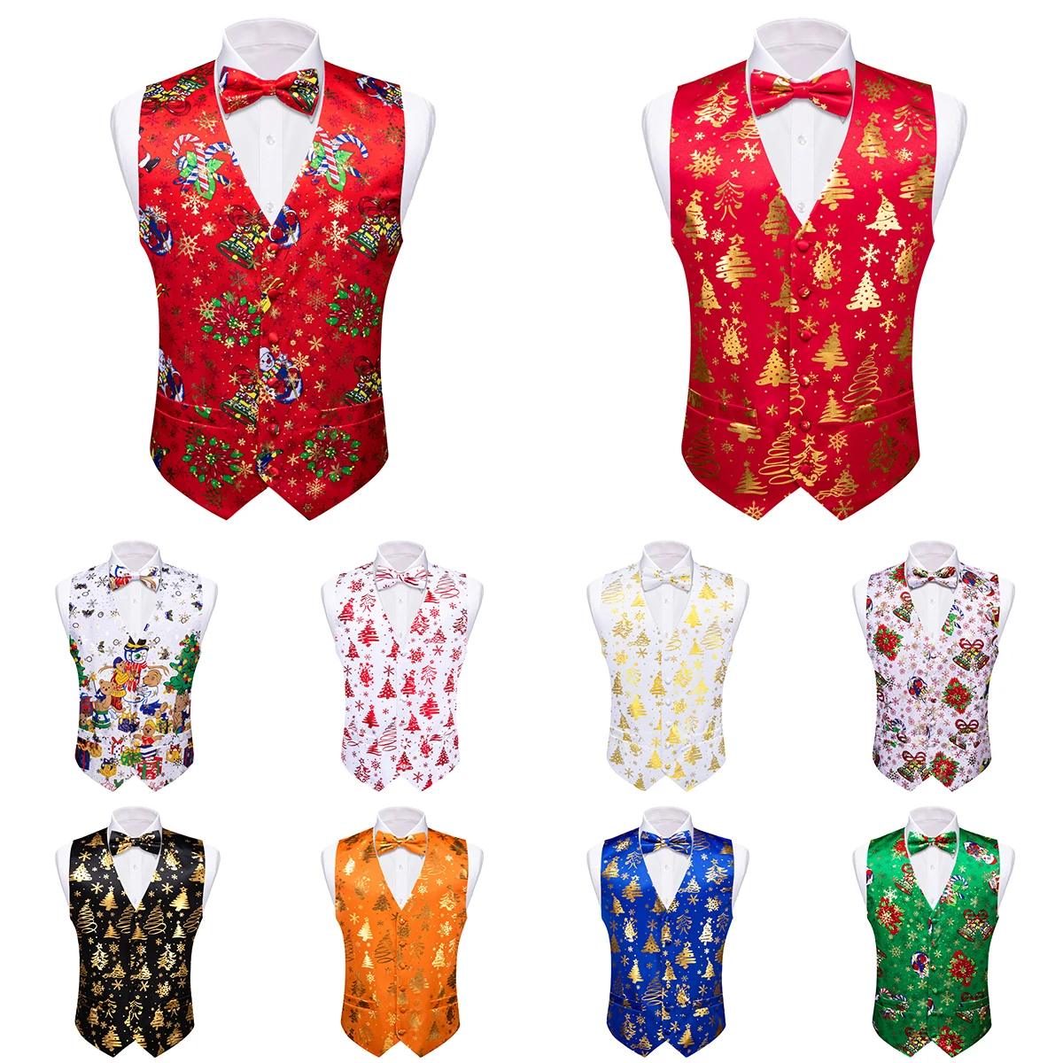 

Christmas Mens Vest Silk White Red Blue Green Snowflake Gift XmasTrees Santa Claus Waistcoat Bowtie Set Festival Barry Wang