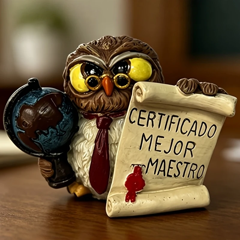 Resin Owl Teacher Figurine Brown Vintage With Globe Certificate Teacher Gift
