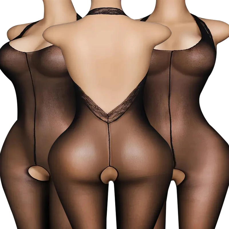Lace Mesh Hanging Neck Teddies Body Suits Erotic Crotchless Lingerie Women Deep V Open Back Bodystockings Sexy Bodycon Bodysuits