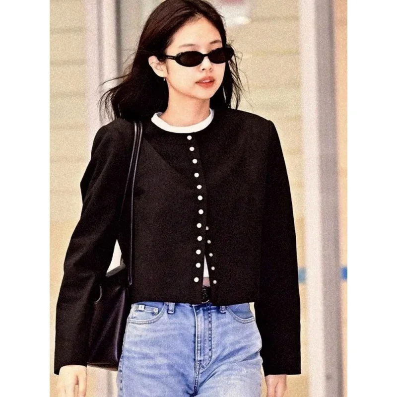 

Firmranch Korean Jennie Clothes Black Multiple Button Design Cardigan Jacket O-Collar Thin Star Girl y2k Coat Skinny Short Top