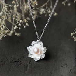 New Fashion 925 Sterling Silver Jewelry Female National White Lotus Shell Beads Pearl Flowers Pendant Necklaces XL132