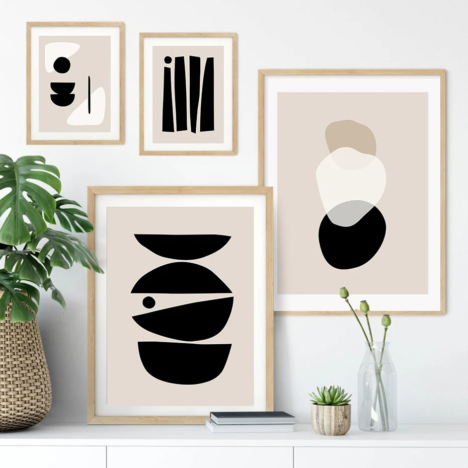 1 Stück rahmenloses Leinwandgemälde Abstrakt Geometrisch Beige Schwarz Boho Minimalistisches Poster Leinwanddruck Wandkunst Bilder L