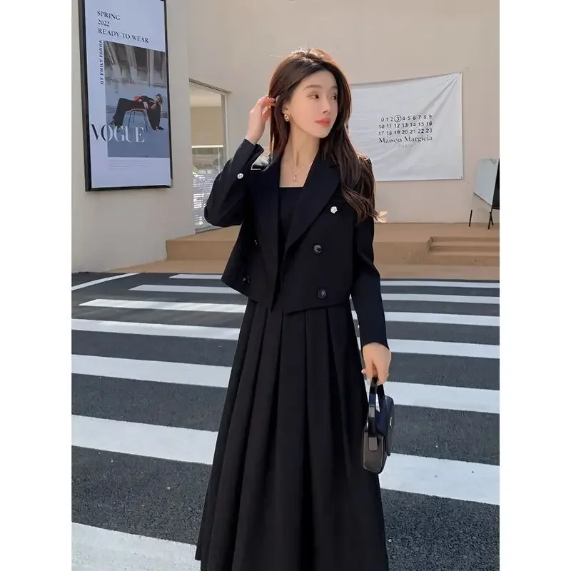 

Insozkdg Women Office Suit Elegant Dress Suits Retro Solid Color Long Sleeve Blazer + Suspender Pleated Skirt 2 Piece Sets Wear