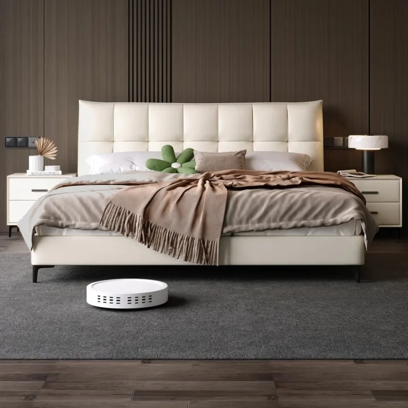 سرير مزدوج أبيض ثقيل مصنوع من الجلد وبسيط وعالي وحديث وإطار سرير مزدوج للتخزين أثاث غرفة نوم كاما الزوجية الفاخرة #2