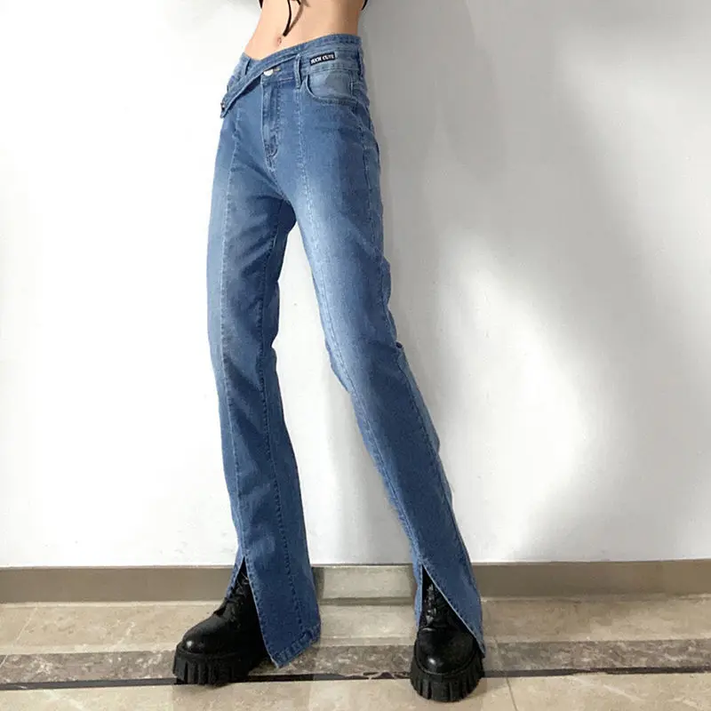 Split Flared Jeans High Quality Asymmetric High Waist American Retro Women Loose Slim Wide-Leg Pants Tide