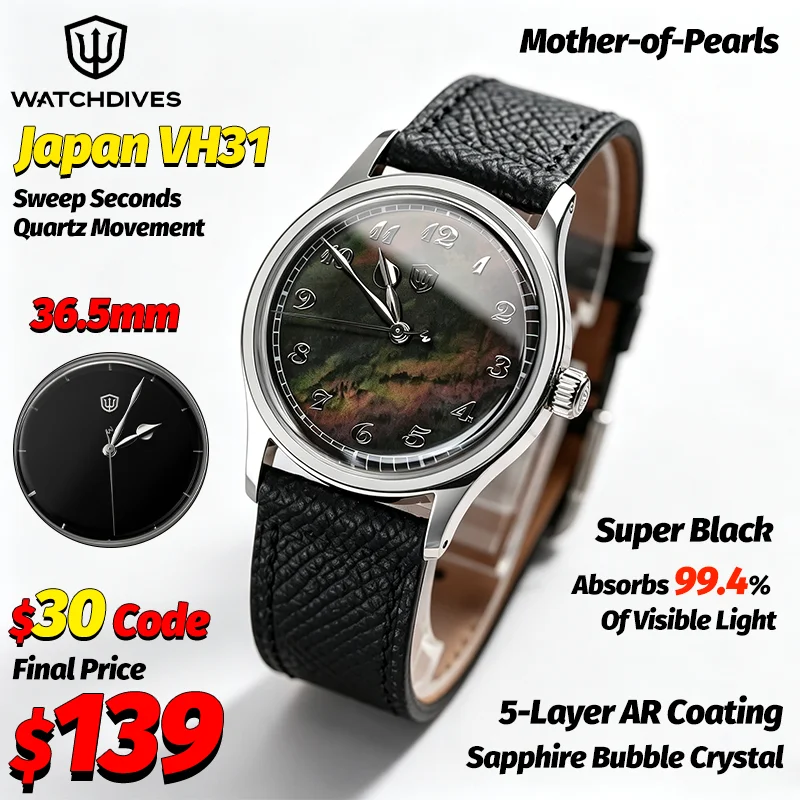 Watchdives WD2008 36.5Mm Quartz Watches Vh31 Mops Super Black Dial 5‑Layer AR Bubble Sapphire Waterproof 100M Men Luxury Watch