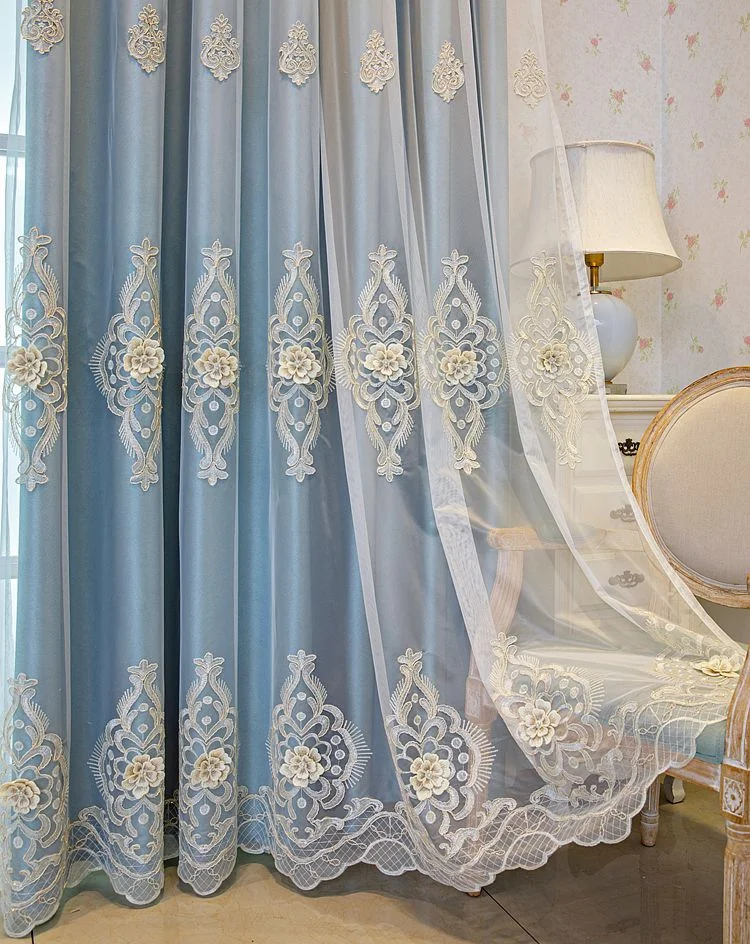 European Double layer Embossed Floral Embroidered Curtain Cloth Tulle Integrated for Bedroom Living Room Luxury Window Treatment