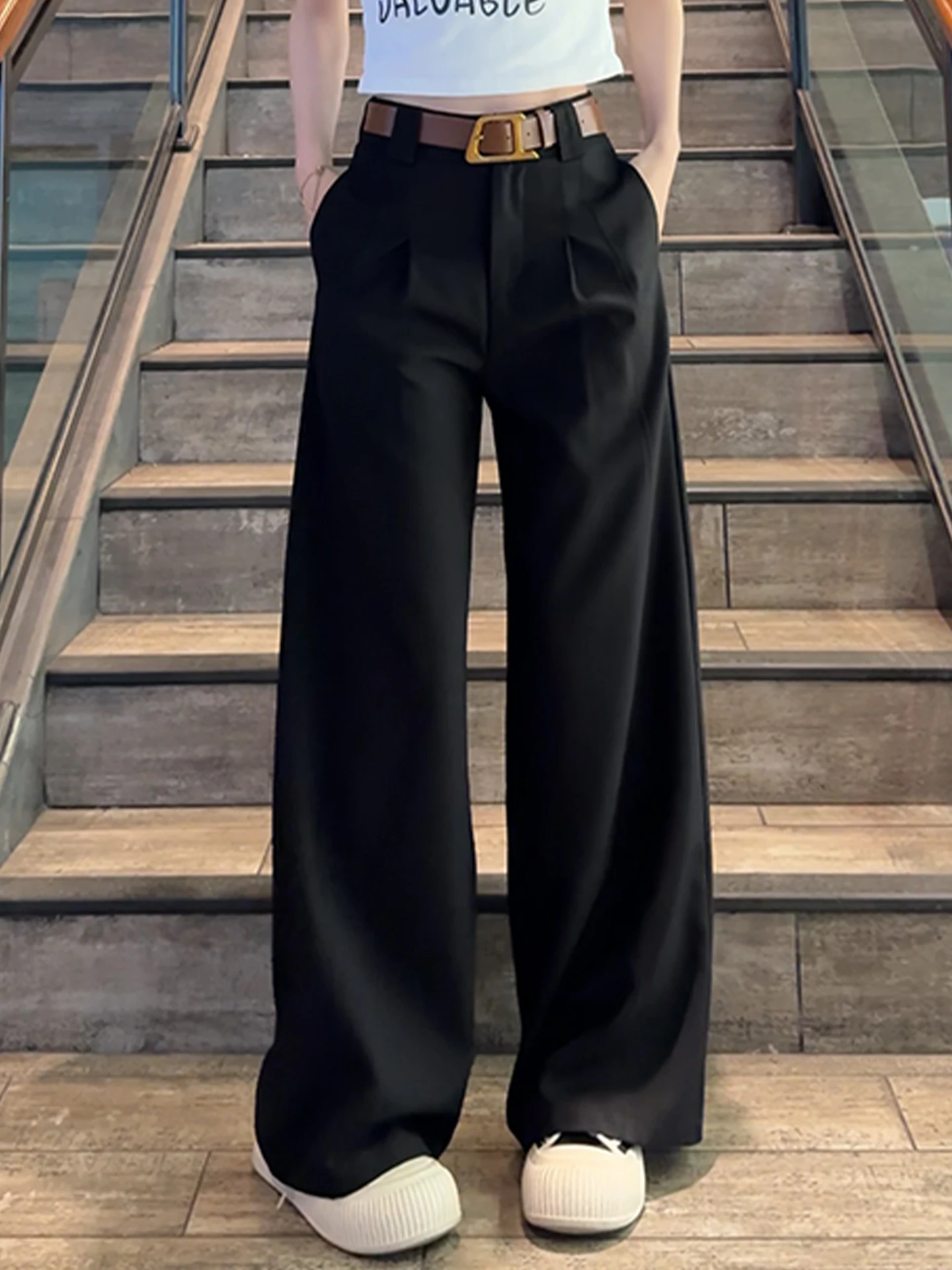 

Женские брюки с высокой талией и широкими штанинами, повседневные, прямого кроя, стройнящие, весна-осень, новый стиль, из полиэфирного волокна