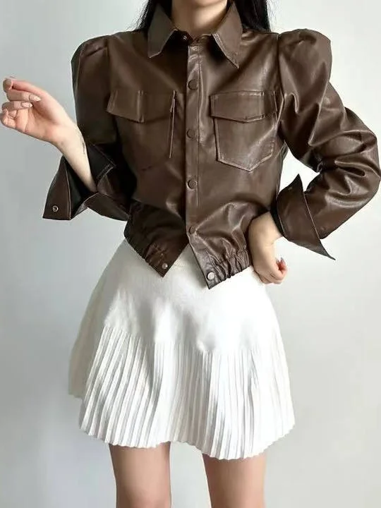 Coreano Sle versátil Retro solapa un solo botón doble ket cuero Jaet mujer ort Sve largo irt Otoño Invierno