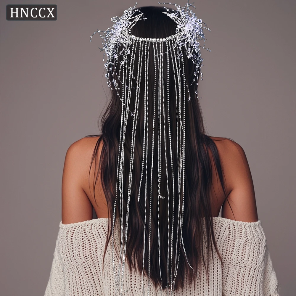 HNCCX Luxury Long Tassel Headband Handmade Rhinestone Flower Bride Headwear Wedding Hair Accessories Shiny Princess Tiara CP750