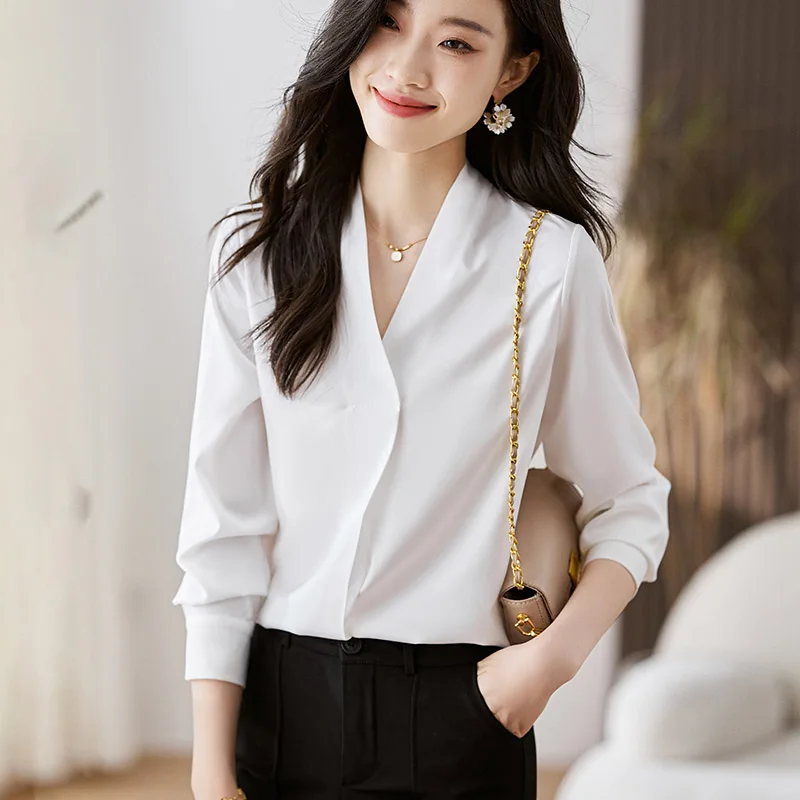 2024 Lente Herfst Nieuwe Koreaanse Editie Mode Veelzijdige V-Hals Lange Mouwen Chiffon Shirts Vrouwen Casual Effen Blouses Lady Tops