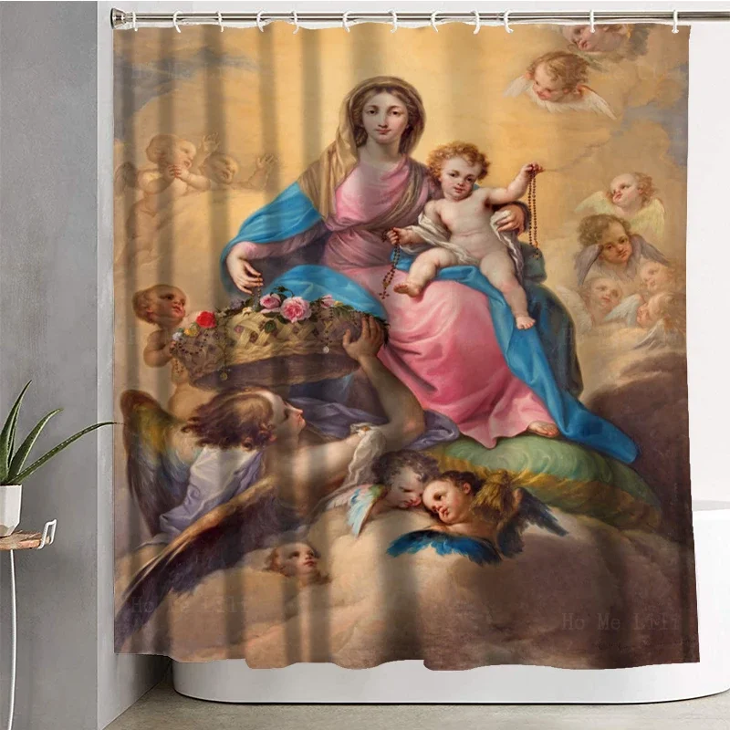 Mary Praying Rosary Images The Mother Of God And Baby Jesus With Angels Christian Shower Curtain By Ho Me Lili For Bath Decor