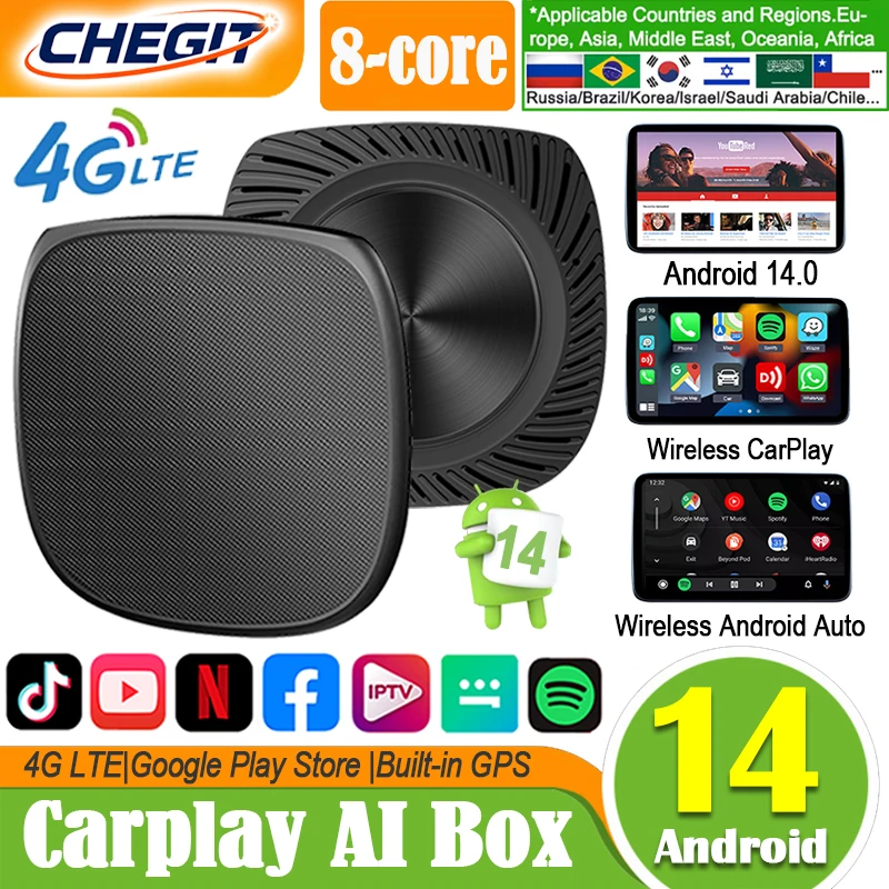 CHEGIT Android 14.0 CarPlay Ai Box беспроводной CarPlay/Android автоадаптер 8-ядерный 4GLTE для Tikitok YouTube Netflix автомобильные аксессуары