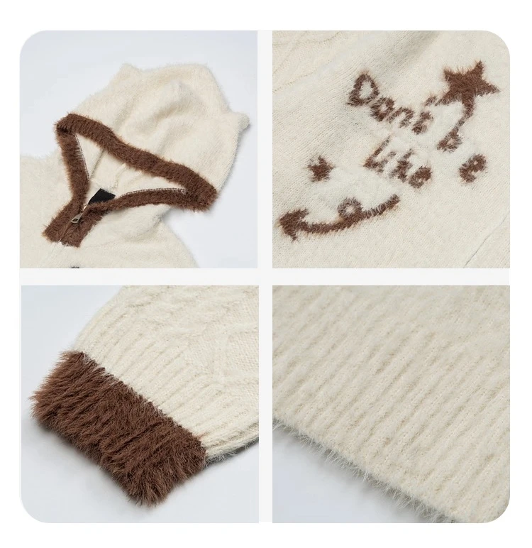 2025 Spring and Autumn New American Retro Style Men's Cartoon Letter Print Black and Apricot Hooded Knitted Cardigan Sweater