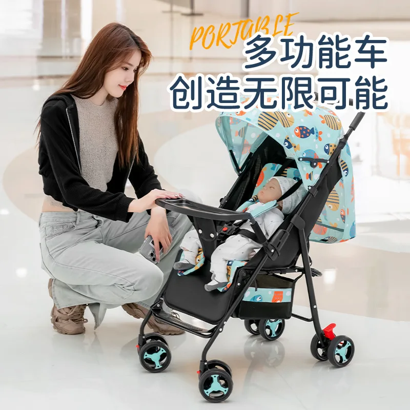 Baby stroller is lightweight foldable and can sit or lie down It is a four wheeled stroller for children babies and children