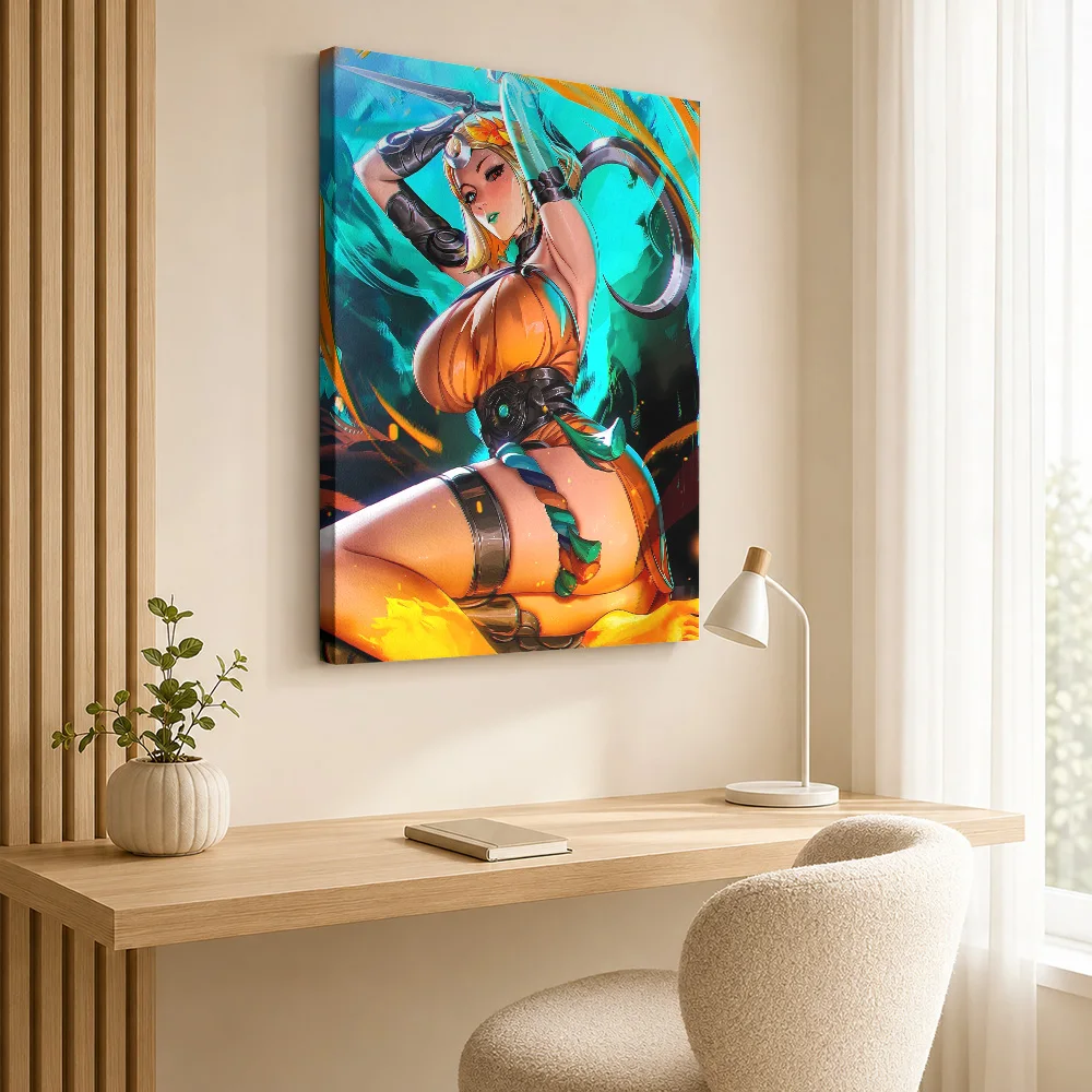 Goddess with Sickle and Orange Dress Canvas Painting Poster Customized Gaming Anime Wall Art for Game Room Decor Ready to Hang