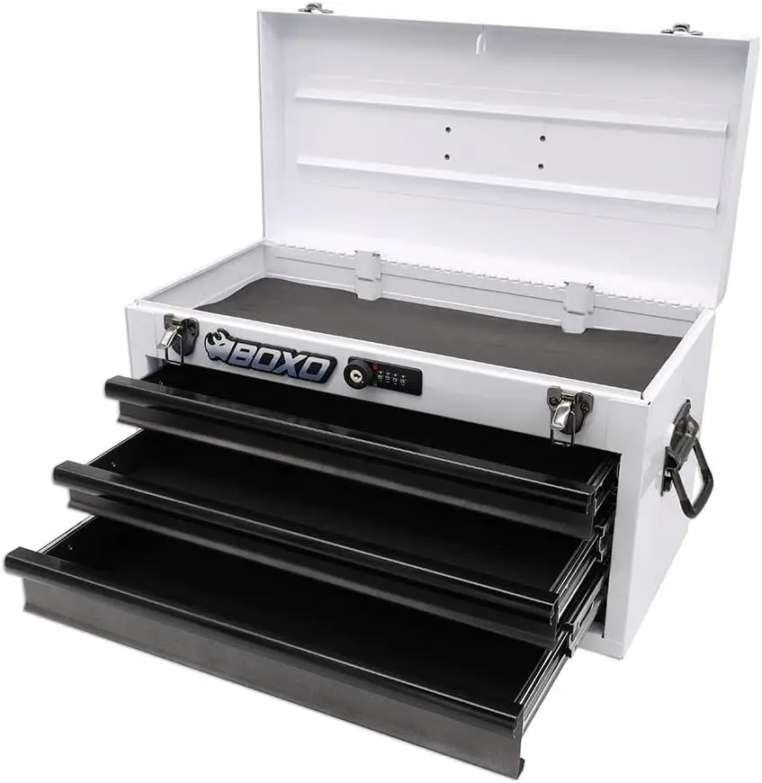 Hand Carry Tool Box 3-Drawer Heavy Duty Steel Toolbox With Lock System (White)