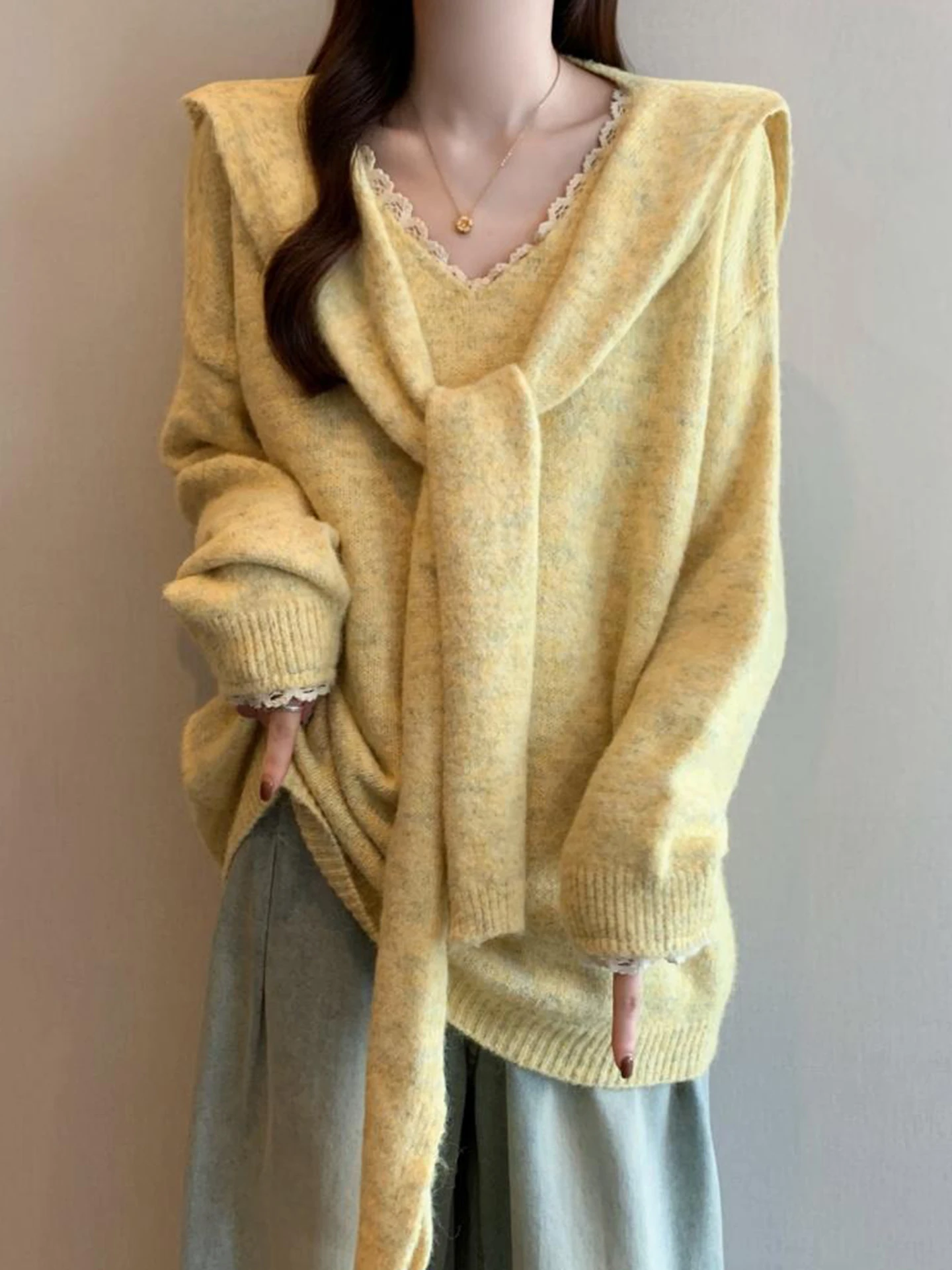 

Мягкий кружевной вязаный свитер с V-образным вырезом для женщин, осенне-зимний, больших размеров, с дизайнерскими элементами на плечах, комплект из двух предметов: топ и накидка, удобный свободный крой