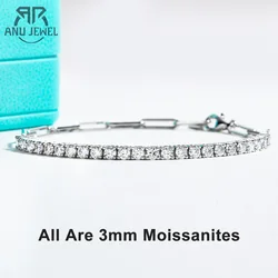 AnuJewel 3mm Moissanite Tennis Bracelet On Hand 925 Sterling Silver Lab Created Diamond 16+4cm Adjustable Bracelets For Woman