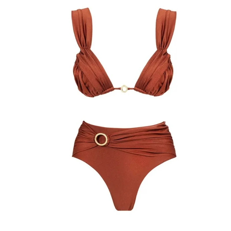Retro Red Belt 2 Piece Swimsuit with Pleated Bra High-waisted Bikini Summer Beachwear Vacation Beach-wear for Women